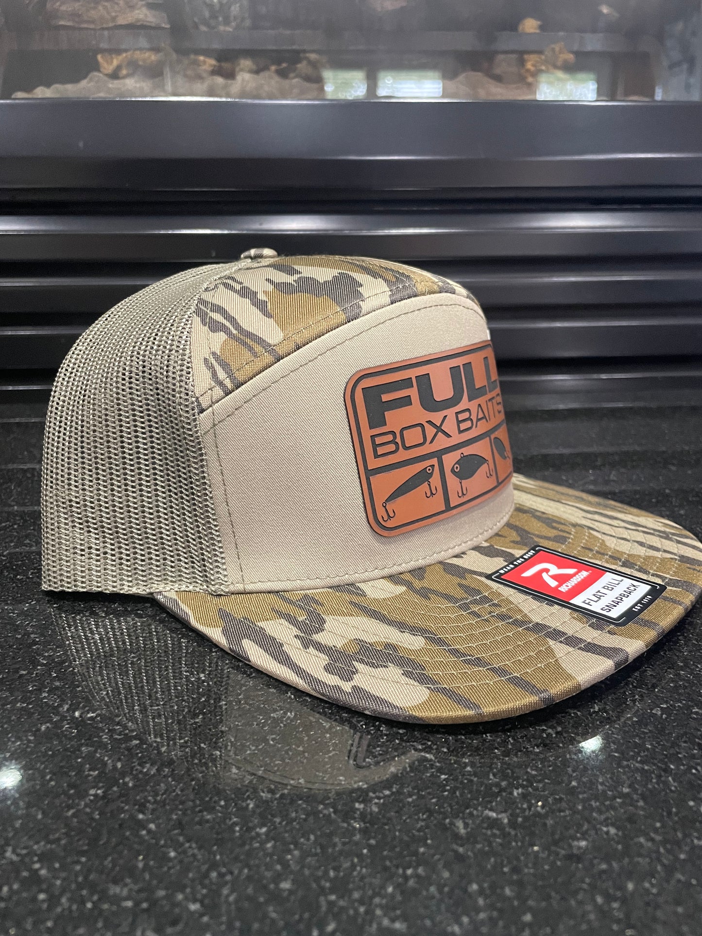 Full Box Baits 7 Panel Bottomland and Olive Leather Patch Hat