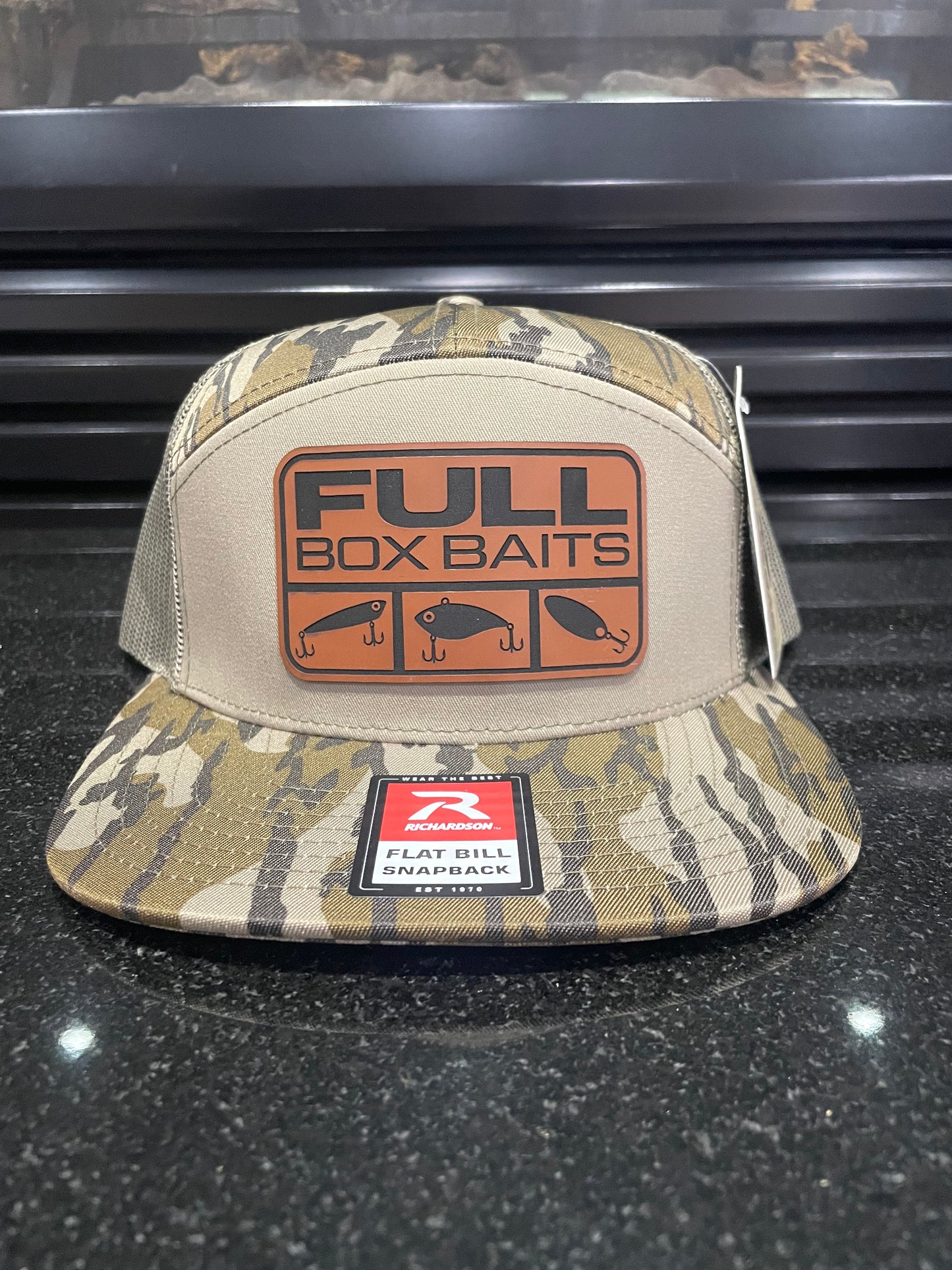 Full Box Baits 7 Panel Bottomland and Olive Leather Patch Hat